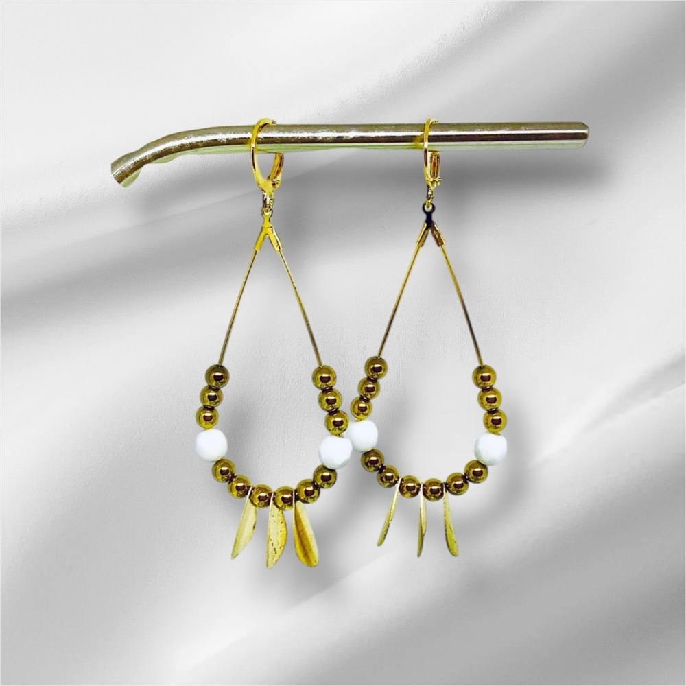 BOUTIQUE Elegant Gold and White Beaded Earrings, Classy Teardrop Hoops